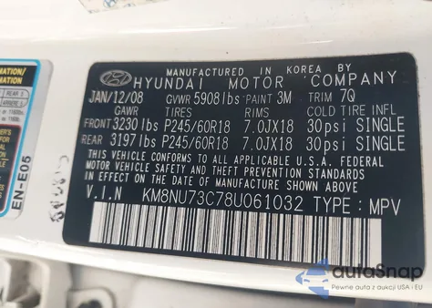 2008 Hyundai Veracruz Gls/Limited/Se from USA, damaged, VIN KM8NU73C78U061032